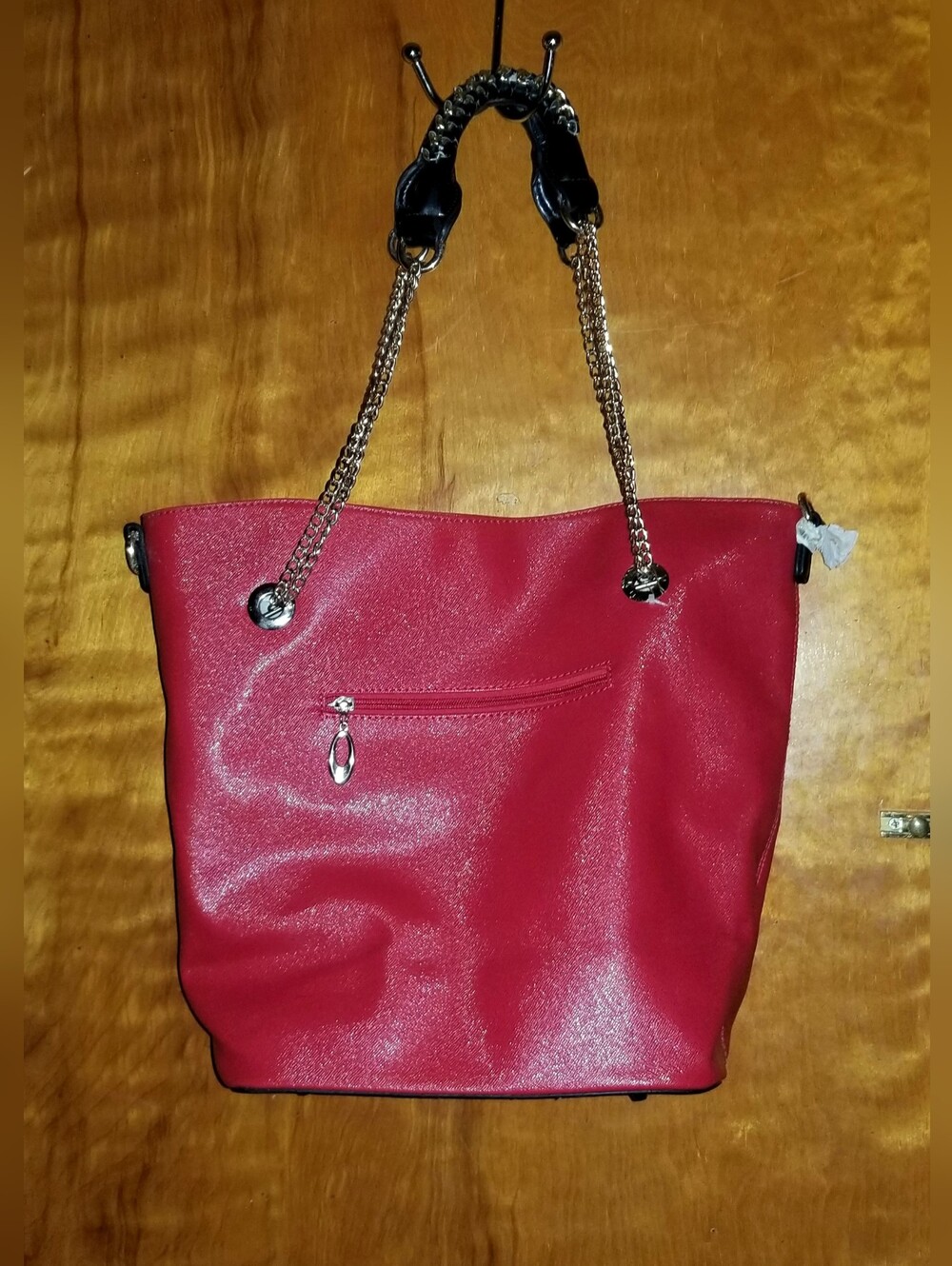 Women's Red Very Spacious Shoulder Handbag/Tote With Silver-Tone Chain 